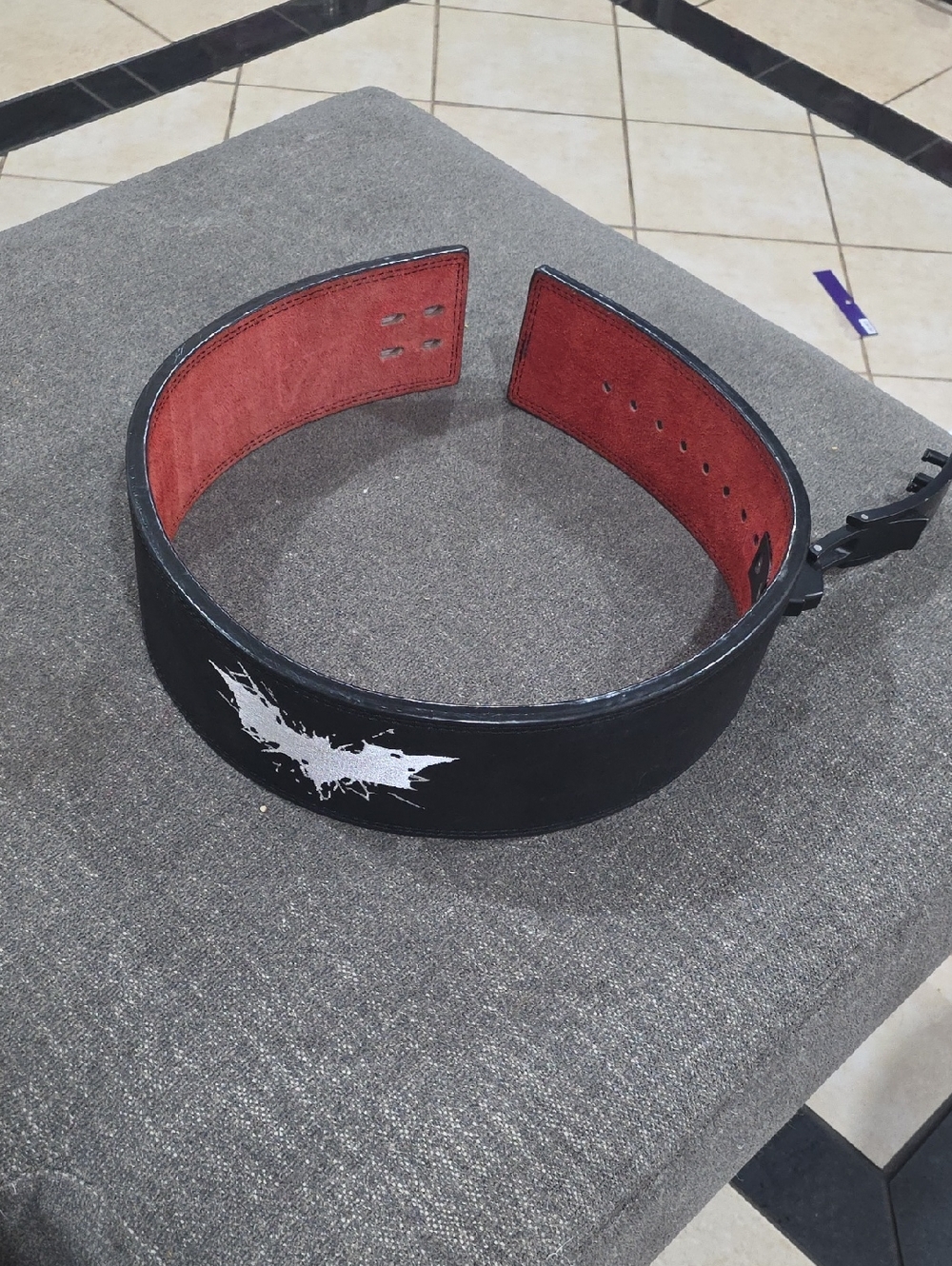 Black Leather Weightlifting Belt with Red Inner Lining